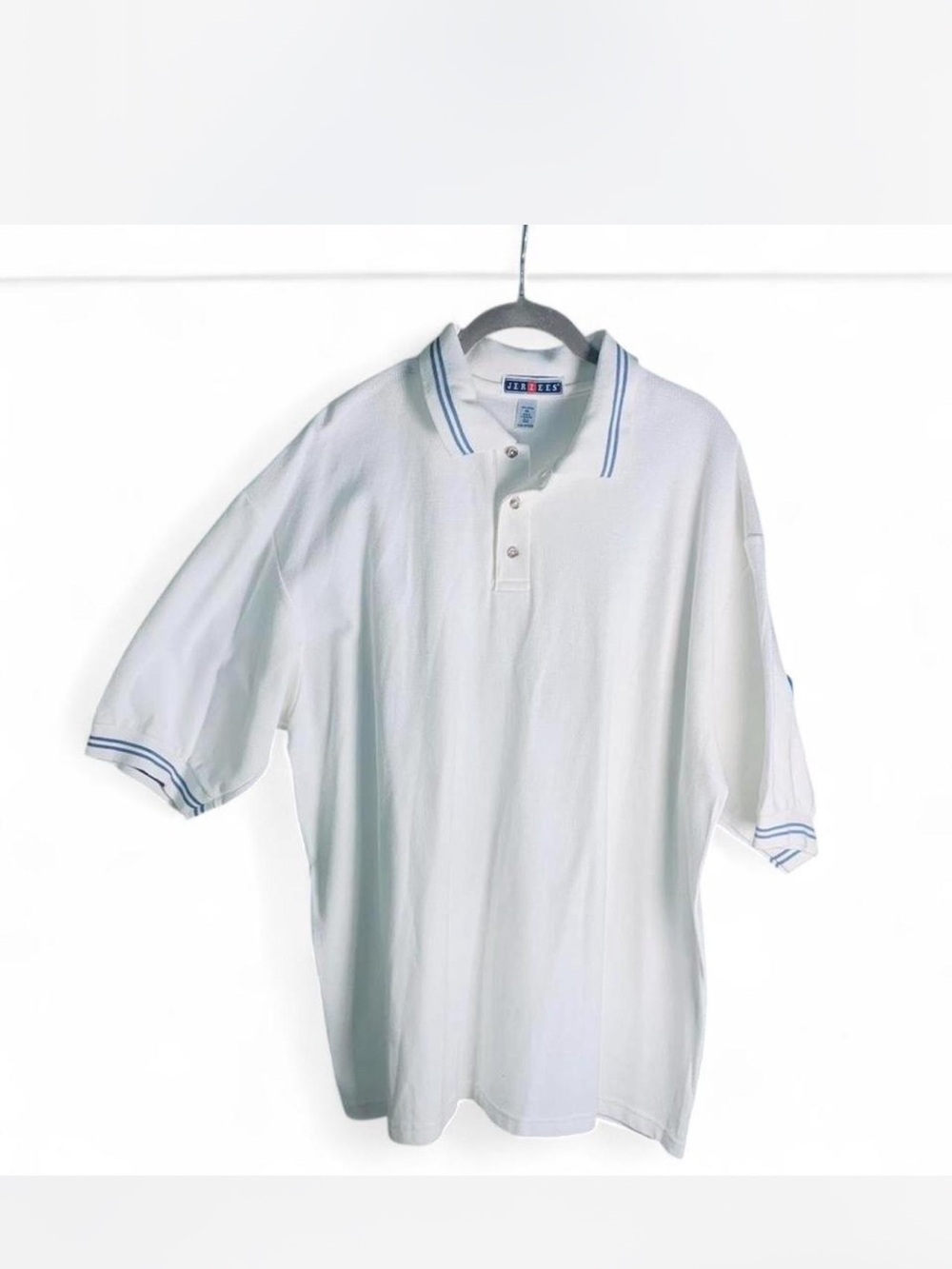 Mens White Polo with Blue Stripe Trim - by Jerzees